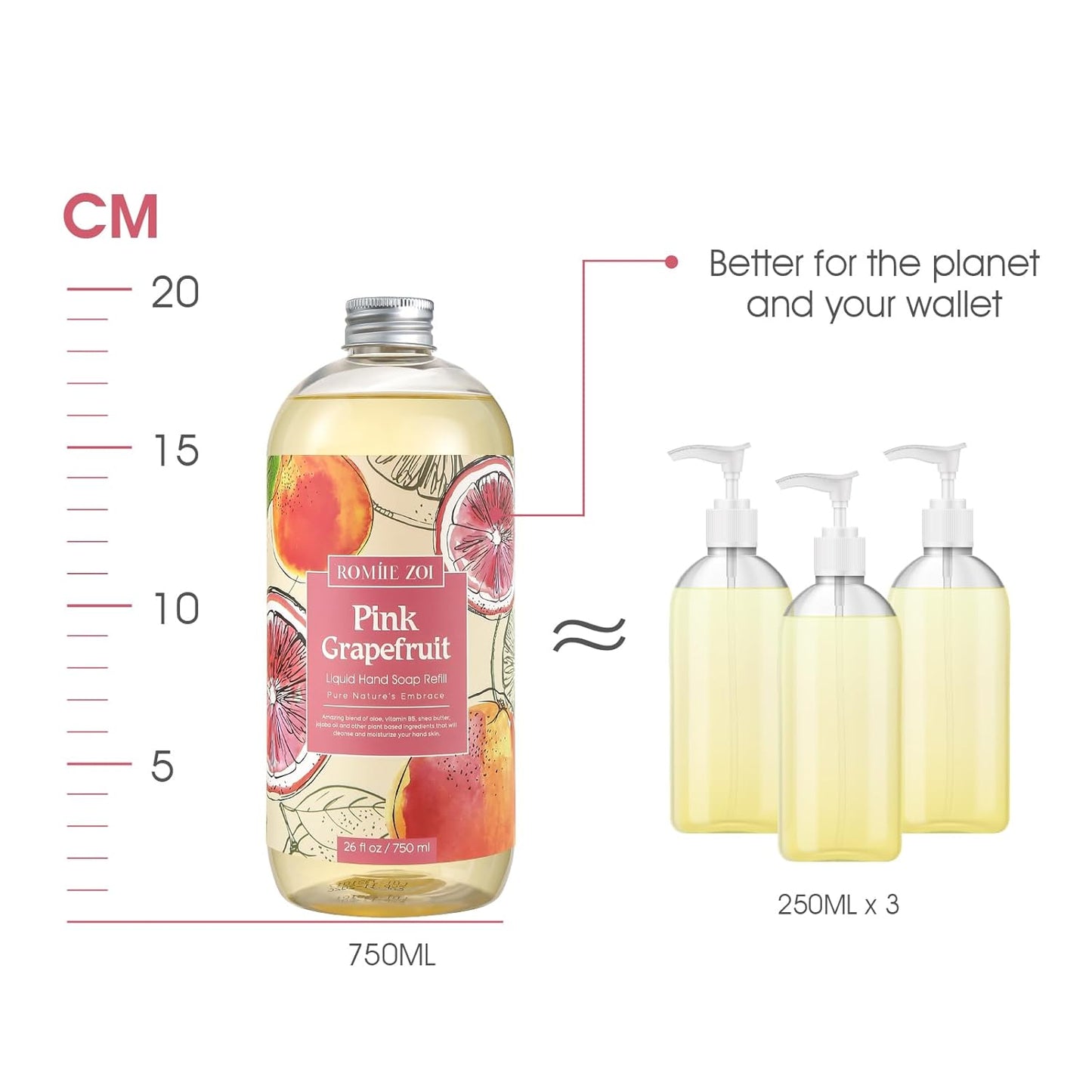 ROMIIE ZOI Liquid Hand Soap Refill Gift Set – 3 Pack (26 Fl Oz Each), Pink Grapefruit Scent – Moisturizing, Biodegradable & Cruelty-Free Formula with Essential Oils for Sensitive Skin