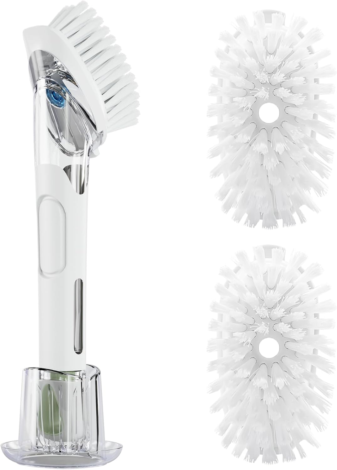 RIMAY Dish Brush with Soap Dispenser Storage Set, Soap Dispensing Dish Brush with 2 Pcs Brush Refills & Holder, Kitchen Dish Washing Wand with Handle for Dishes/Pans/Pots/Sink (White)