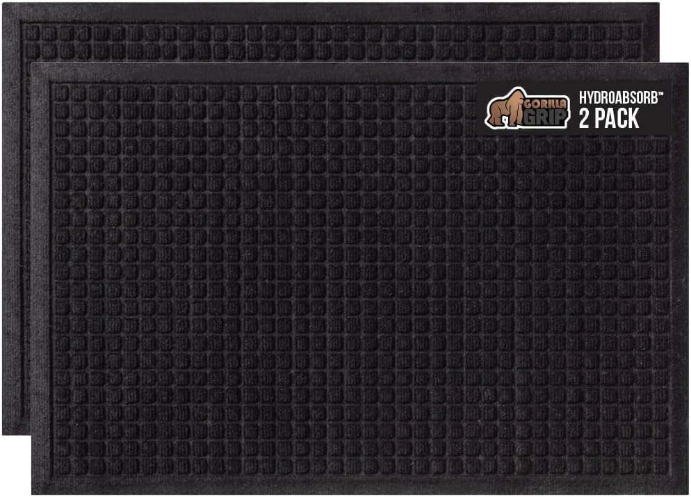 GORILLA GRIP Front Door Mat, Indoor Outdoor Ultra Absorbent HydroAbsorb Doormat, Absorbs Up to 1.7 Cups of Water, Stain and Fade Resistant, Rubber Backing Doormats, 2 Pack, 29x17 Black