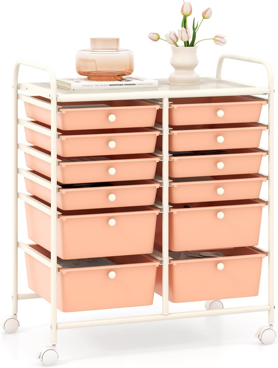 GOFLAME 12-Drawer Rolling Storage Cart, Multipurpose Organizer Cart with 2 Sizes Plastic Drawers, Mobile Utility Cart with Lockable Casters for School, Home Office, Beauty Salon, Peach Fuzz