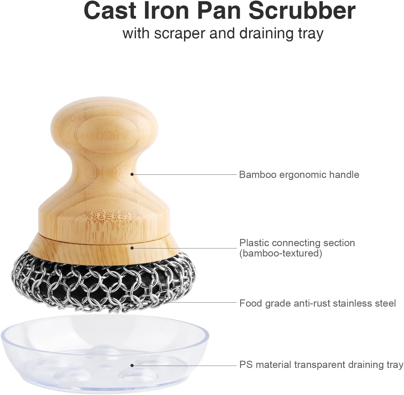 Cast Iron Scrubber and Scraper,Chain Mail Cleaner with Bamboo Handle & Draining Tray,316 Stainless Steel Brush for Cleaning Pots,Pans,Wok,Bakeware,Griddles, Grills(Small&Large ChainMail,2pcs)
