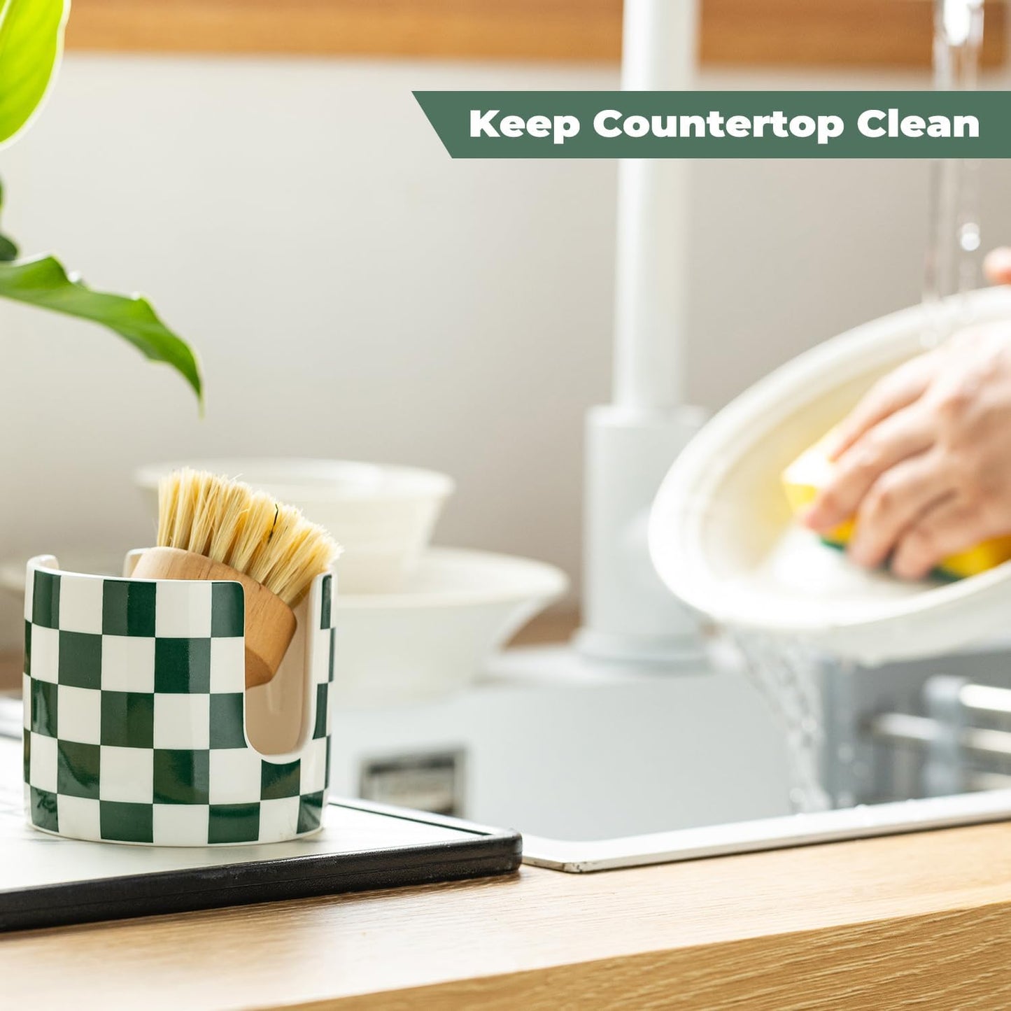 Ceramic Kitchen Sponge Holder, Dish Sponge Holder Suitable for Scrubby Farmhouse Dish Rack Brush Holder for Bathroom, Kitchen, Sink, Green and White