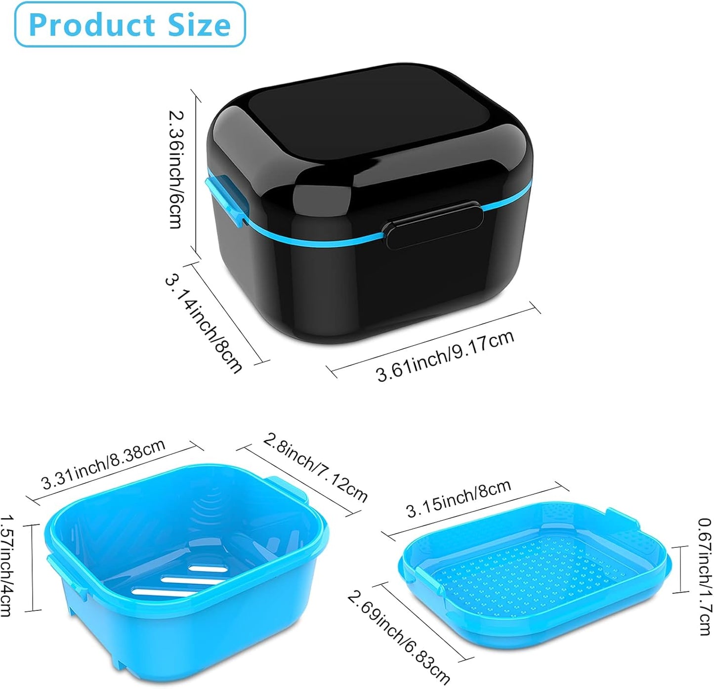 BVN Denture Bath Denture Case: Denture Cup for Soaking Dentures, Retainer Cleaner Case with Mirror, Mouth Guard Case, Aligner Case, Retainer Holder, Night Guard Case, False Teeth Container Black