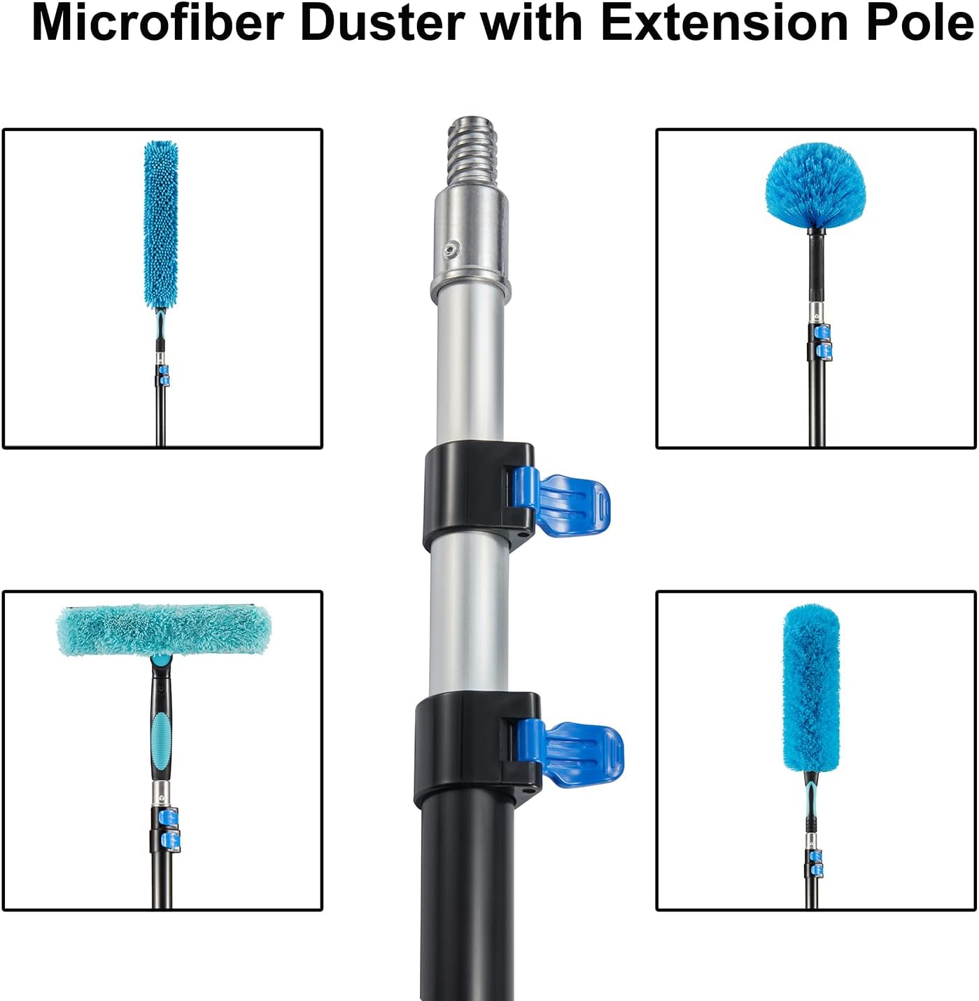 30 Foot High Ceiling Fan Duster with 6-24 Foot Extension Pole, Extendable Reusable Cobweb, Feather, Window Cleaning Squeegee Kit