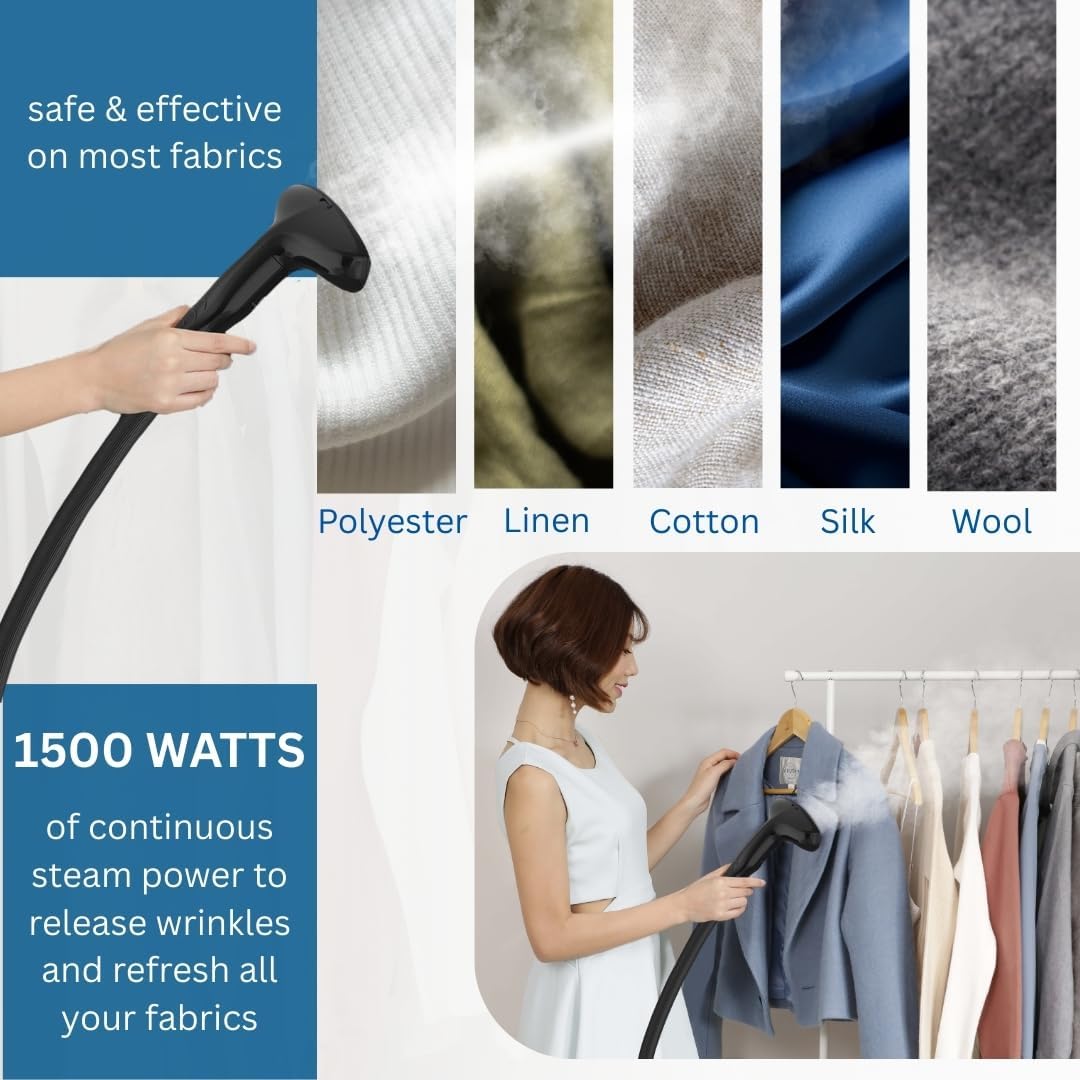 SALAV GS18 Full-Size Clothes Steamer - 1500W Power, 1.8L Water Tank, 60-Min Garment Steam, Iron Clothing, Adjustable Pole & Wheels for Easy Storage, Professional Standing Steamer for Clothes, White