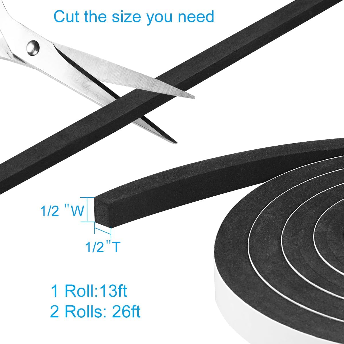 Seal Foam Tape, 2 Rolls 1/2 Inch W x 1/2 Inch T Weather Stripping for Door and Window,High Density Single Sided Closed Cell Door Insulation Weather Strip, 2 Rolls Total 13FT Black