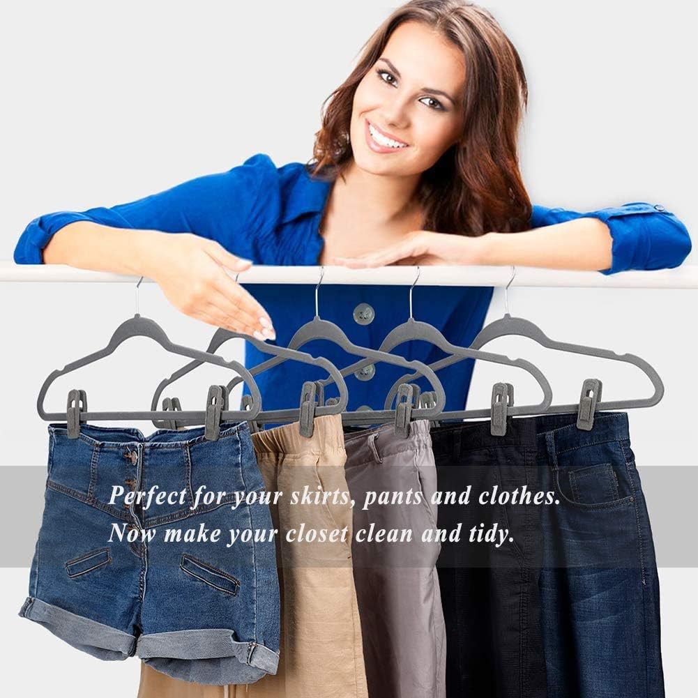 Grey Velvet Hangers Clips (50-Pack), Non-Slip Velvet Skirt Hanger Clips for Velvet Hangers, Strong Finger Clips Perfect for Kids Velvet Hangers Skirt Pant Clothes Gray Velvet Hangers