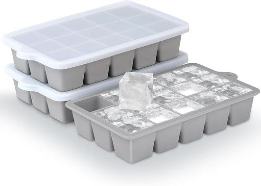 Silicone Ice Cube Trays 3Packs, Easy Release Ice Cube Molds with Lid, Freezer Stackable Ice Maker for Whiskey, Baby Food, BPA Free (Grey)
