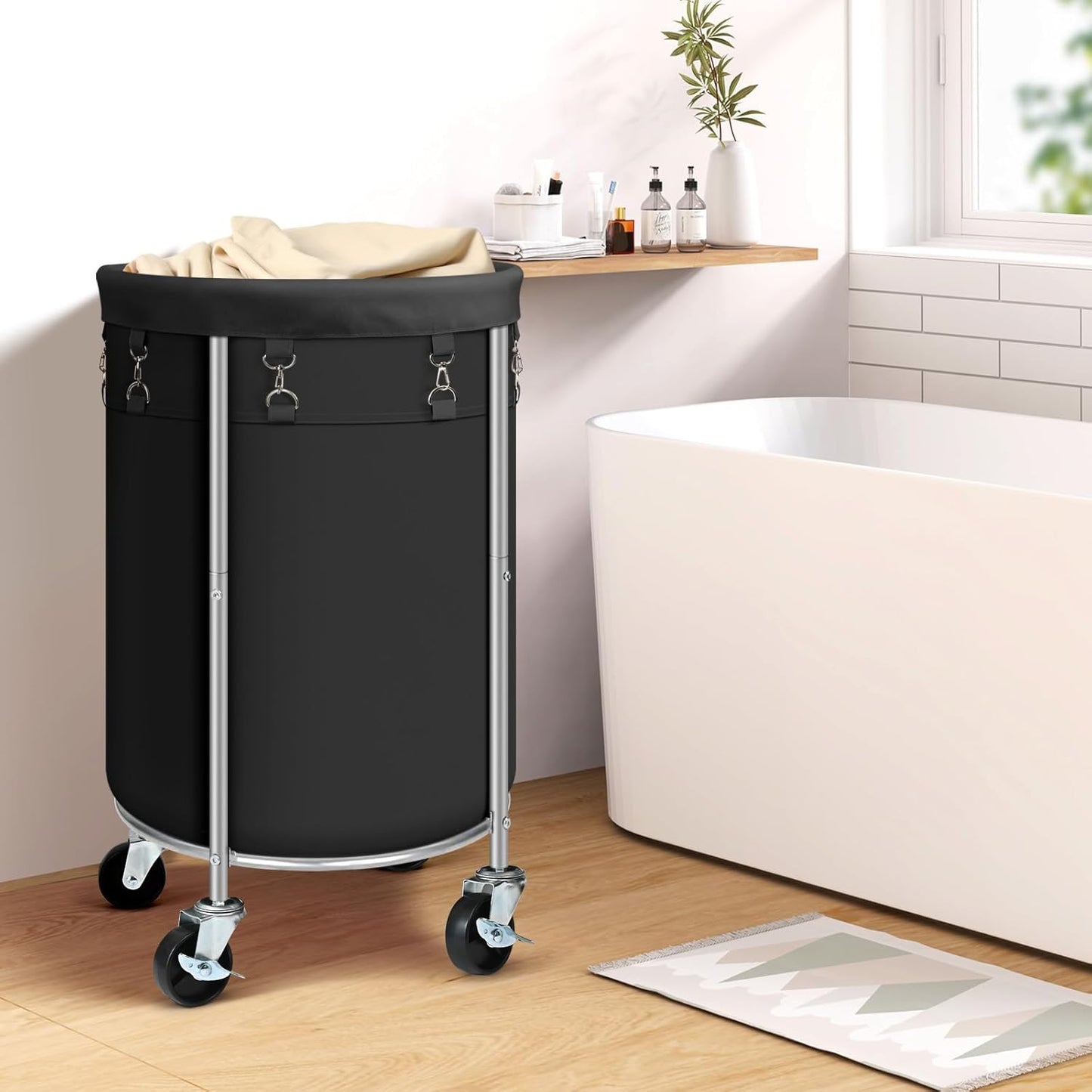 Laundry Hamper with Wheels, 100L Round Rolling Laundry Basket Sorter with Removable Bag, Clothes Cart Organizer with Steel Frame for Bedroom, Bathroom, Laundry Room, Black