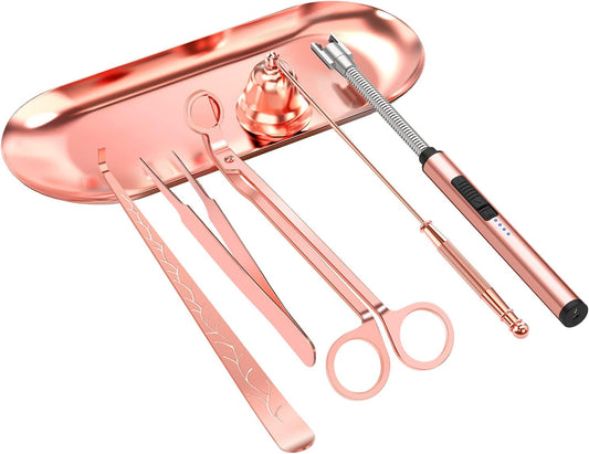 6 in 1 Candle Accessory Set,Candle Wick Trimmer Cutter,Candle Wick Dipper,Candle Wick Snuffer, Rechargeable Candle Lighter,Storage Tray Plate,Tweezers,Stainless Steel Candle Care Kit Gift(Rose Gold)…