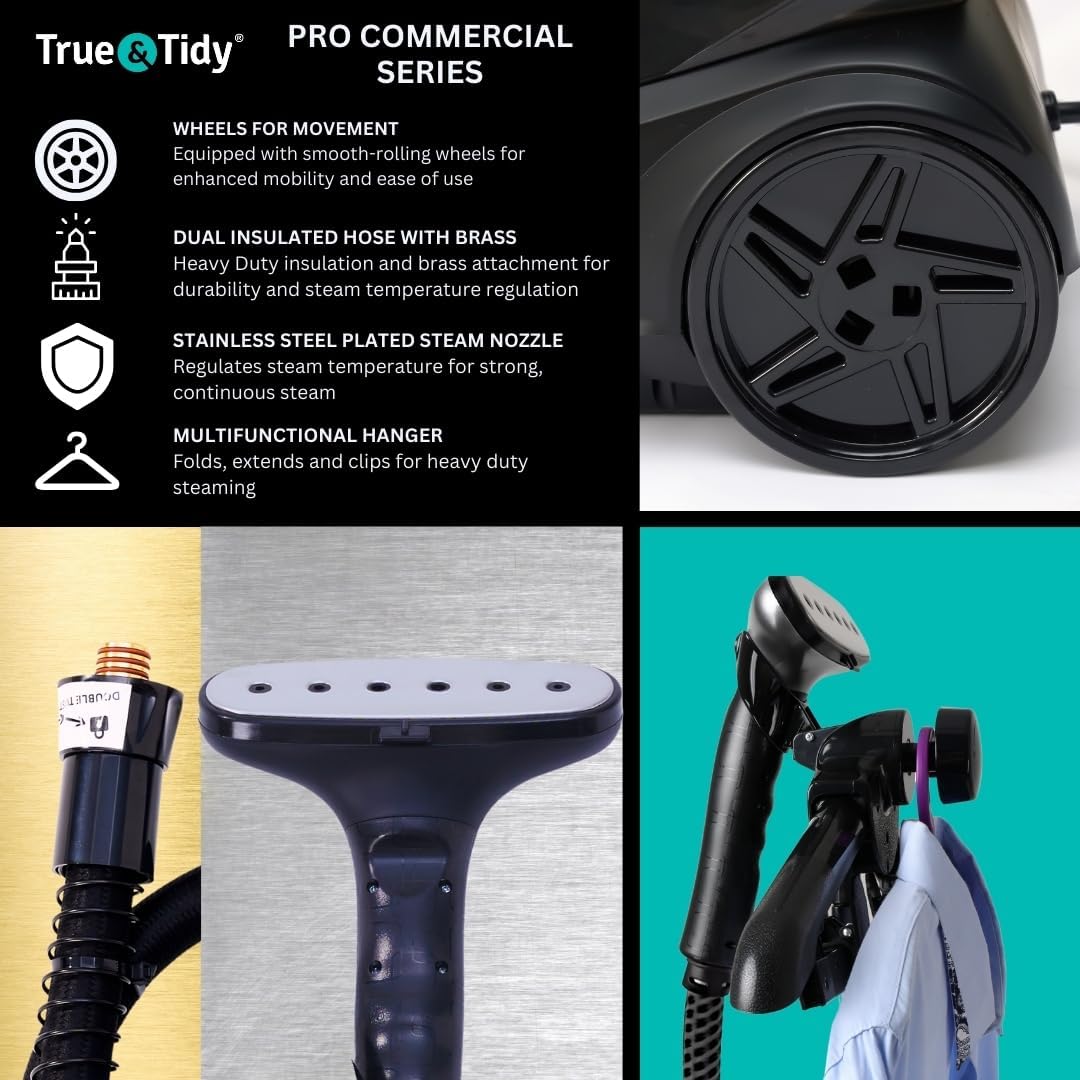True & Tidy® Heavy-Duty Industrial Standing Garment Steamer for Clothes, 1800 watts, Extra Large 3L water tank 90+ mins of Steam Time (Matte Black, Smart Auto-Off Commercial Garment Steamer)