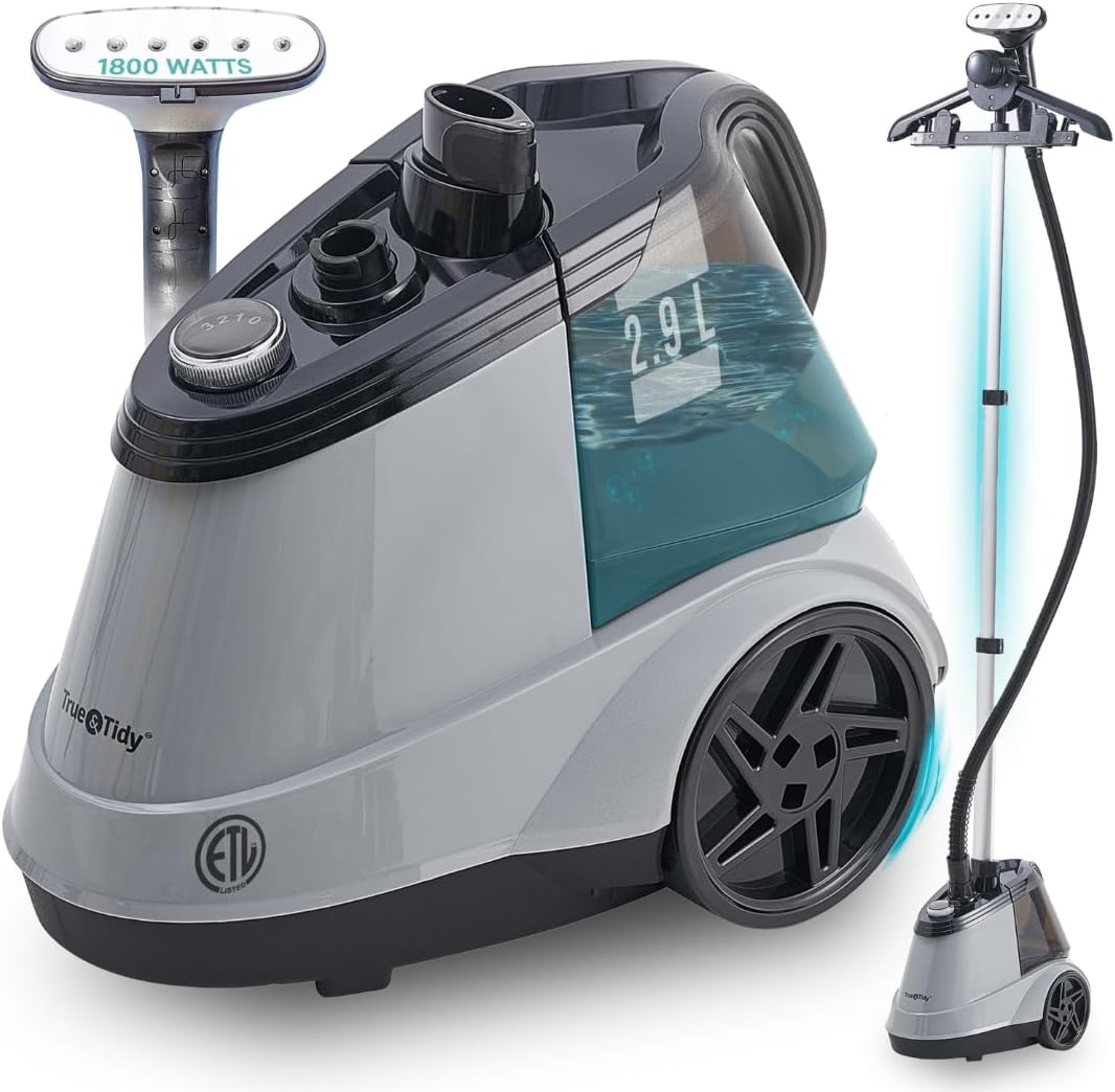 True & Tidy Heavy Duty Commercial Full Size Standing Garment Steamer for Clothes with Extra Large 2.9L (98 oz) Water Tank for 90+ mins of Steam Time, 1800 watts of Powerful Steam, 3 Settings, Gray