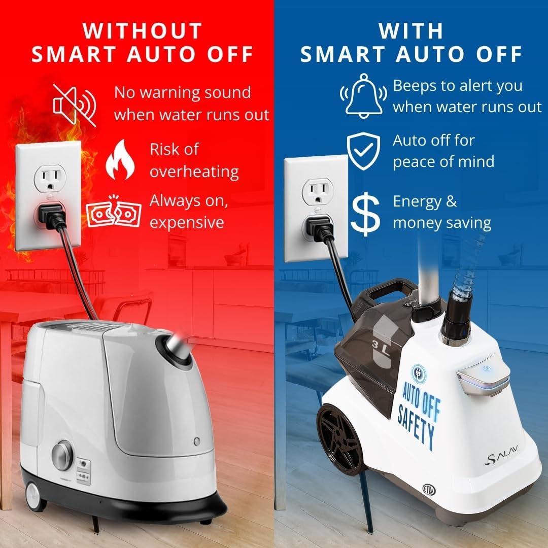 SALAV Commercial-Grade Standing Garment Steamer for Clothes with Auto-Off Safety 1800W Powerful Steam X-Large 3L Water Tank, 90-Min Continuous Use, Pedal-Control System, Beeps when Out of Water, White