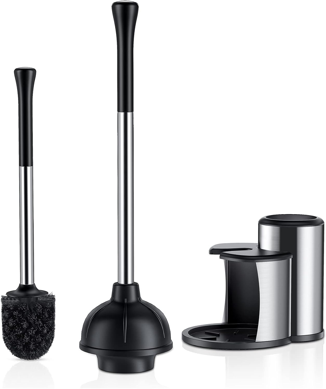 HAMITOR Toilet Plunger and Bowl Brush Set: 2 in 1 Stainless Steel Heavy Duty Toilet Cleaner Plunger with Holder Combo for Bathroom Cleaning - Modern Hideaway Bathroom Accessories with Caddy Stand