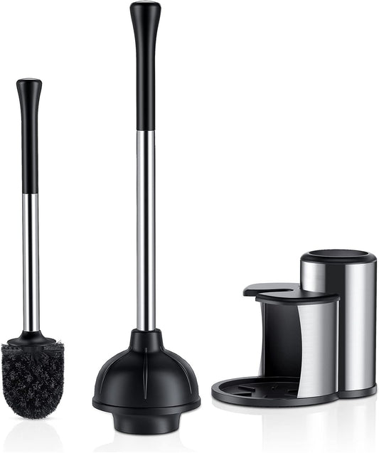 HAMITOR Toilet Plunger and Bowl Brush Set: 2 in 1 Stainless Steel Heavy Duty Toilet Cleaner Plunger with Holder Combo for Bathroom Cleaning - Modern Hideaway Bathroom Accessories with Caddy Stand