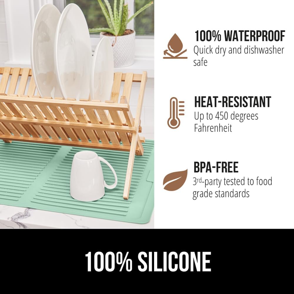 GORILLA GRIP 100% BPA-Free Patented Silicone Dish Drying Mat for Kitchen Counter, Water Catching Ribbed Design, Easy Clean Waterproof Sink Liner, Heat Resistant, Fits Under Rack, 13x11 Inch, Mint