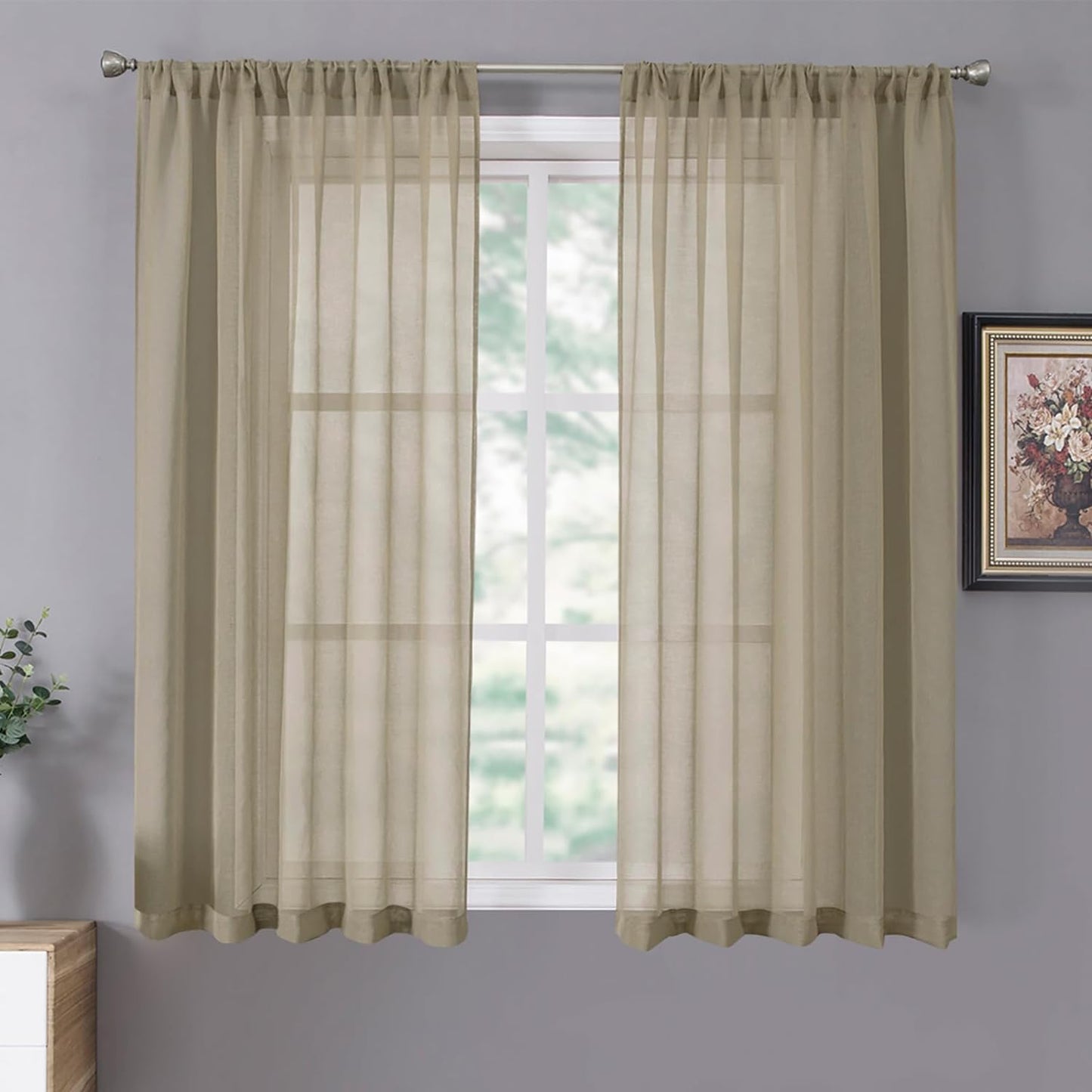 Tollpiz Sheer Curtains Living Room Linen Textured Curtain Sheers Light Filtering Voile Rod Pocket Curtains for Bedroom, 38 x 63 inches Long, Taos Taupe, Set of 2 Panels