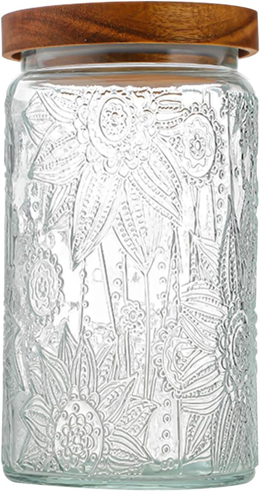 34 OZ Glass Storage Jar with Airtight Bamboo Wooden Lids, Vintage Food Containers Canisters Sets for Kitchen Counter Pantry, Sugar, Flour, Candy, Tea, Coffee Beans, Oats, Grain Bin, Pasta, Cereal