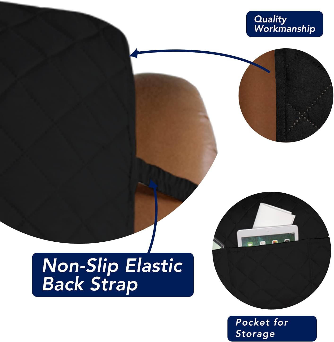 PureFit Reversible Quilted Oversized Recliner Sofa Cover, Water Resistant Furniture Protector, Washable Couch Cover with Elastic Straps for Kids, Pets (Large, Black/Black)