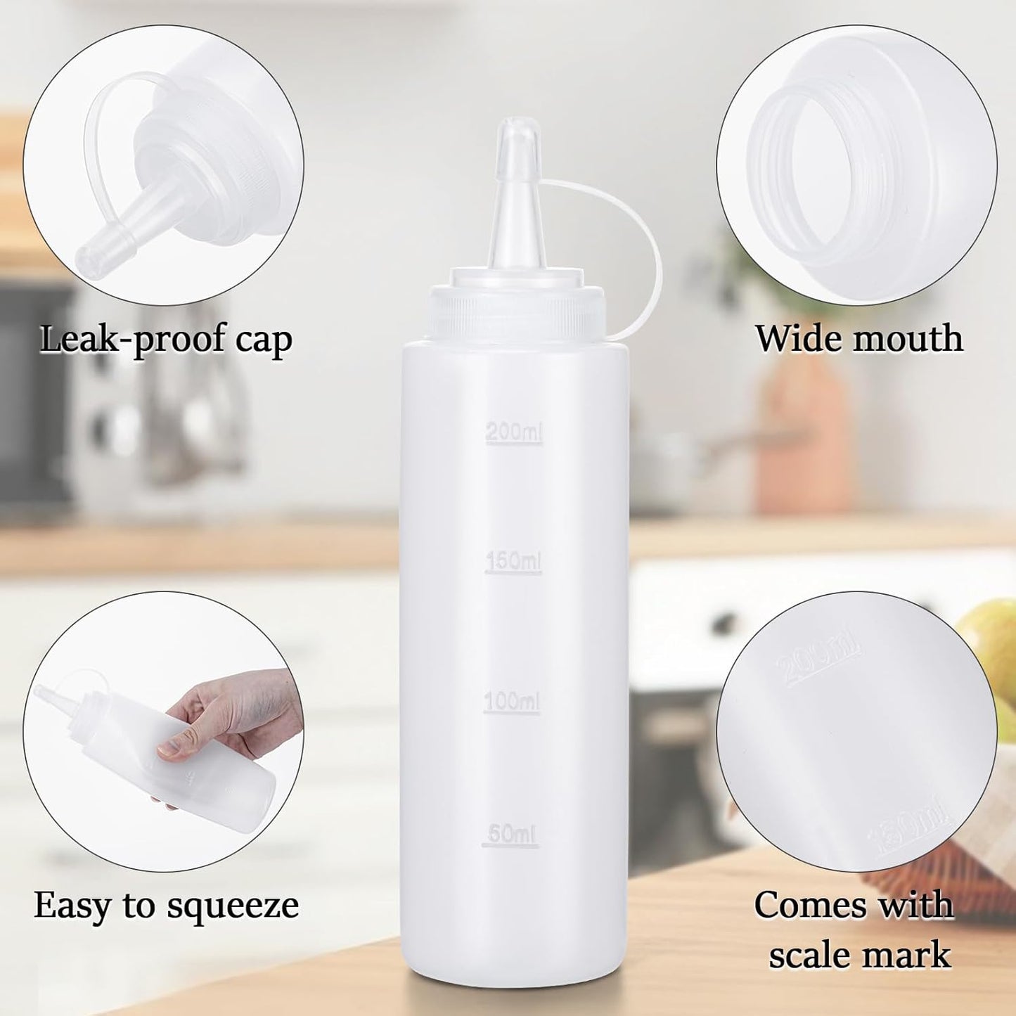 Condiment Squeeze Bottles Ketchup Dispenser, 6 Pack 8oz Squeeze Bottles for Liquids, Plastic Sauce Bottle with Cap Lid, Squirt Bottles for Sauces Liquids BBQ Dressing Pancake Art