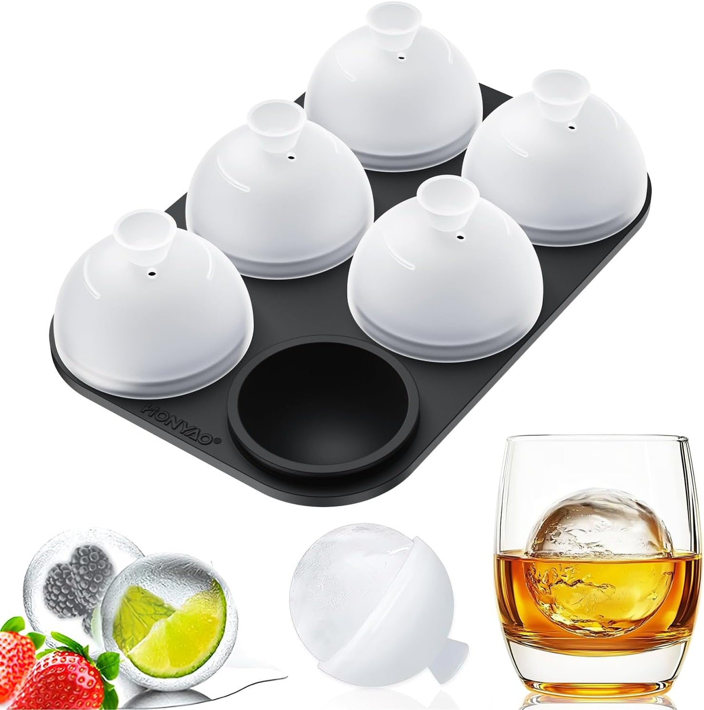 HONYAO Whiskey Ice Ball Mold - 1.8 Inch Silicone Maker With Individual Lid for Easy Fill and Release - 6 Round Sphere Molds for Cocktails and Bourbon