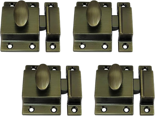 QCAA Traditional Large Oval Turn Cabinet Latch, Solid Brass, 2", for Cupboard & Other Furniture, Brushed Antique Brass, 4 Pack, Made in Taiwan