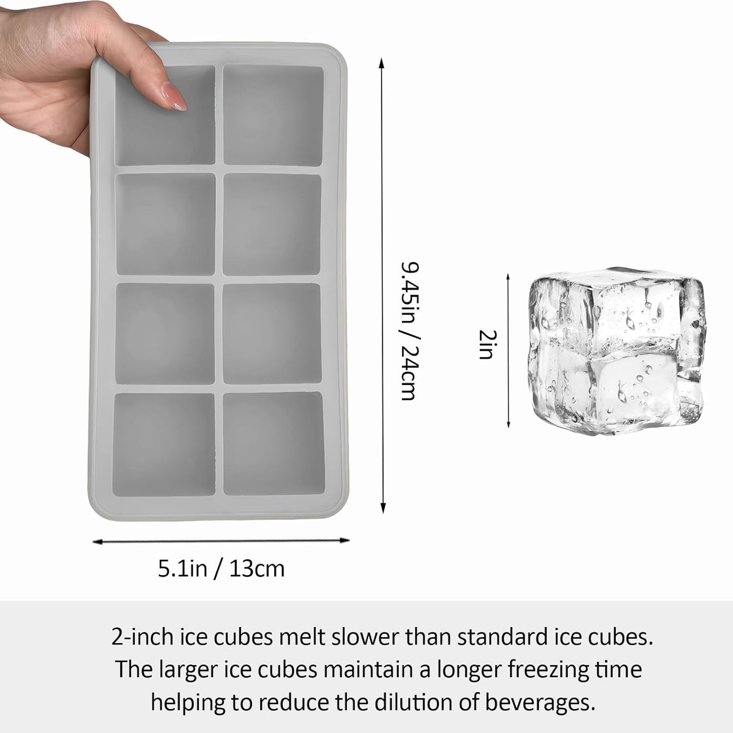 2 Pack Silicone 2 Inch Large Ice Cube Molds for Cocktails Wine Fruit and Bourbon Whiskey Easy Release Ice Cube Tray with Lid Ideal for Cold Drinks and Entertaining Gatherings (Grey)