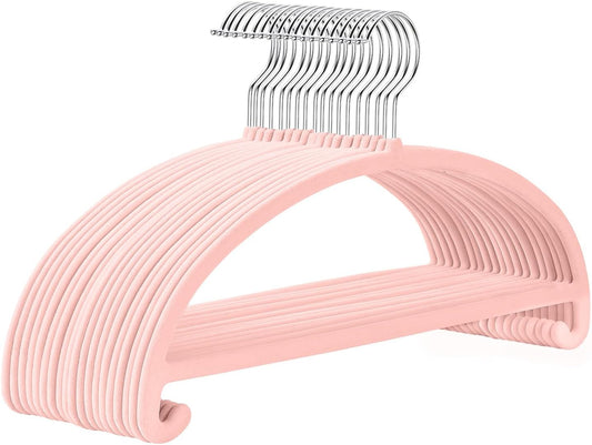 MIZGI 50 Pack Blush Pink Velvet Hangers - No Shoulder Bumps, Heavy Duty Non-Slip Chrome Hooks for Jackets, Coats, Pants
