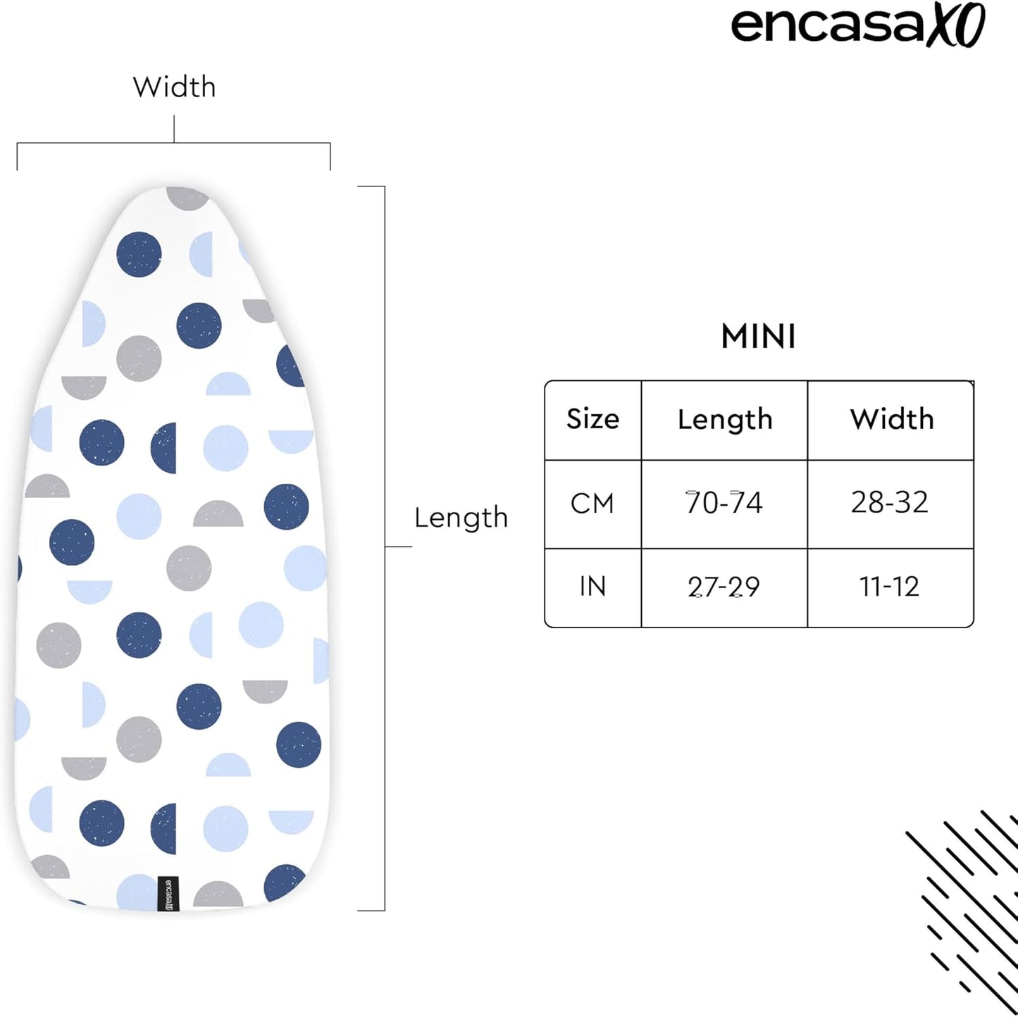 Encasa XO Ironing Board Cover and Pad 28"x12" - Thick 3mm Felt Padding, Drawstring Tightening & Lock, Easy Fit, Scorch & Stain Resistant, Fits Mini Ironing Board - Blue Moon