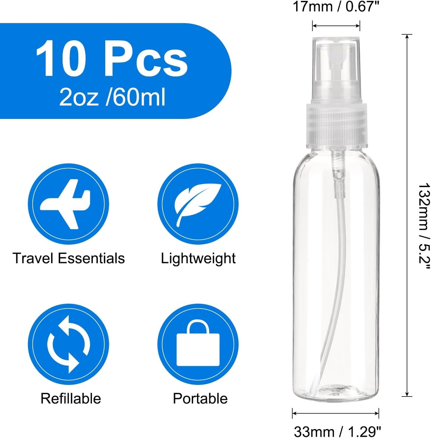 uxcell 10Pack Spray Bottles, 2Oz/60ML Reusable Clear Empty Mist Plastic Mini Travel Bottle Set,Small Refillable Liquid Containers for Household Use, Essential Oil, Cleaning (Transparent)