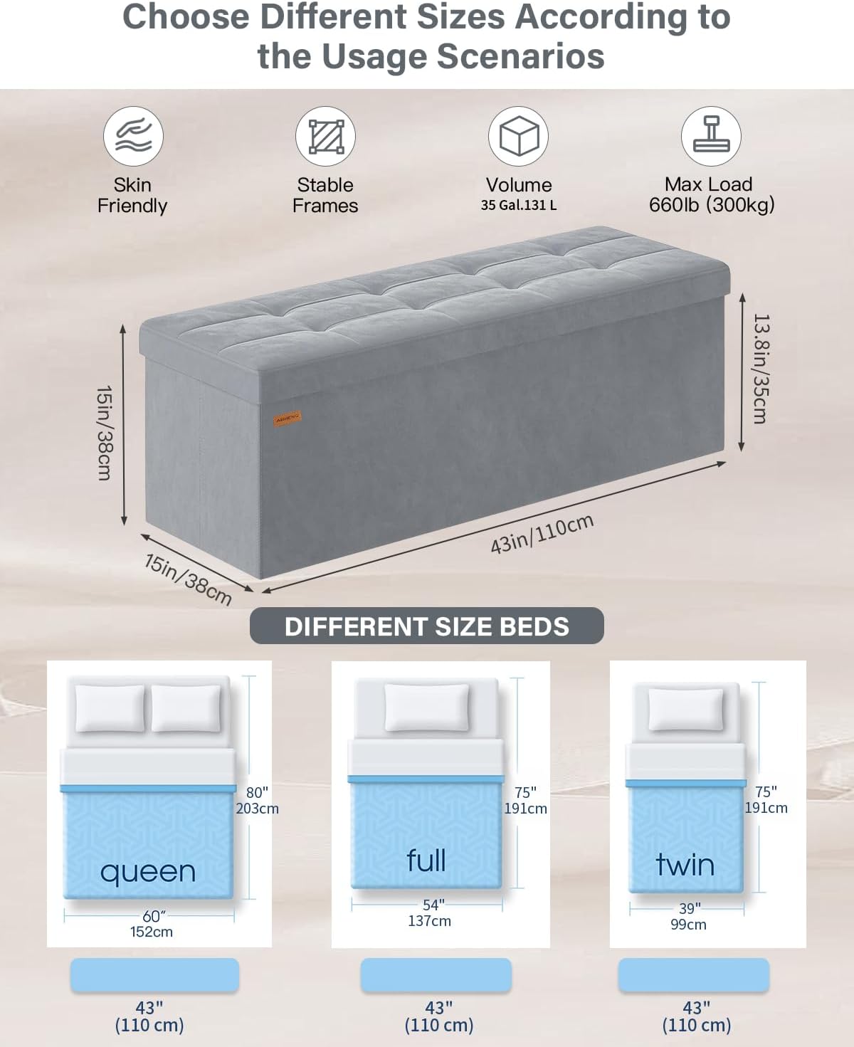 Folding Storage Ottoman, Velvet Storage Bench, Footrest, Removable Divider, for Living Room, Bedroom, 15 x 43 x 15 Inches, 660 lb Load Capacity, Dove Gray UASND02G