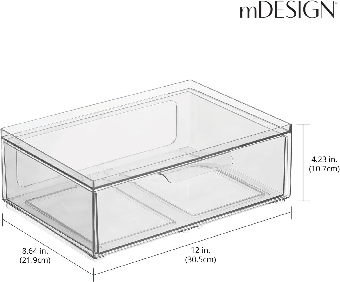 mDesign Plastic Wide Stackable Kitchen Storage Organizer Bin Containers with Front Pull Drawer for Cabinet, Pantry, Fridge, Freezer, Shelf, Refrigerator Organization, Lumiere Collection, 4 Pack, Clear