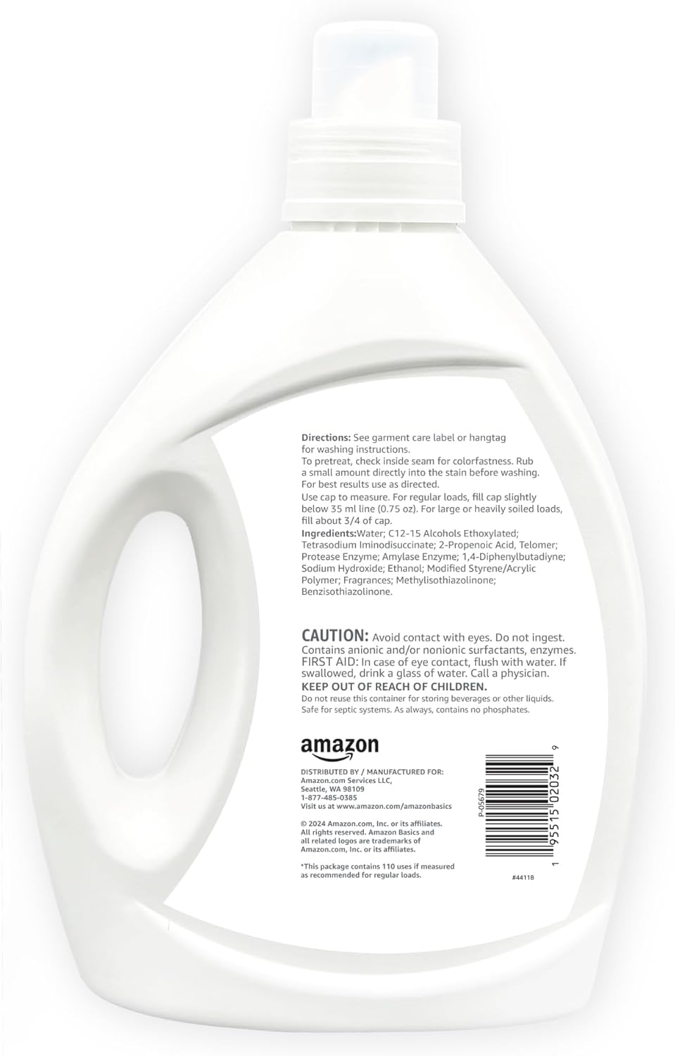 Amazon Basics Concentrated Liquid Laundry Detergent, Free of Perfumes & Clear of Dyes, 110 loads, 82.5 Fl Oz (Previously Solimo)