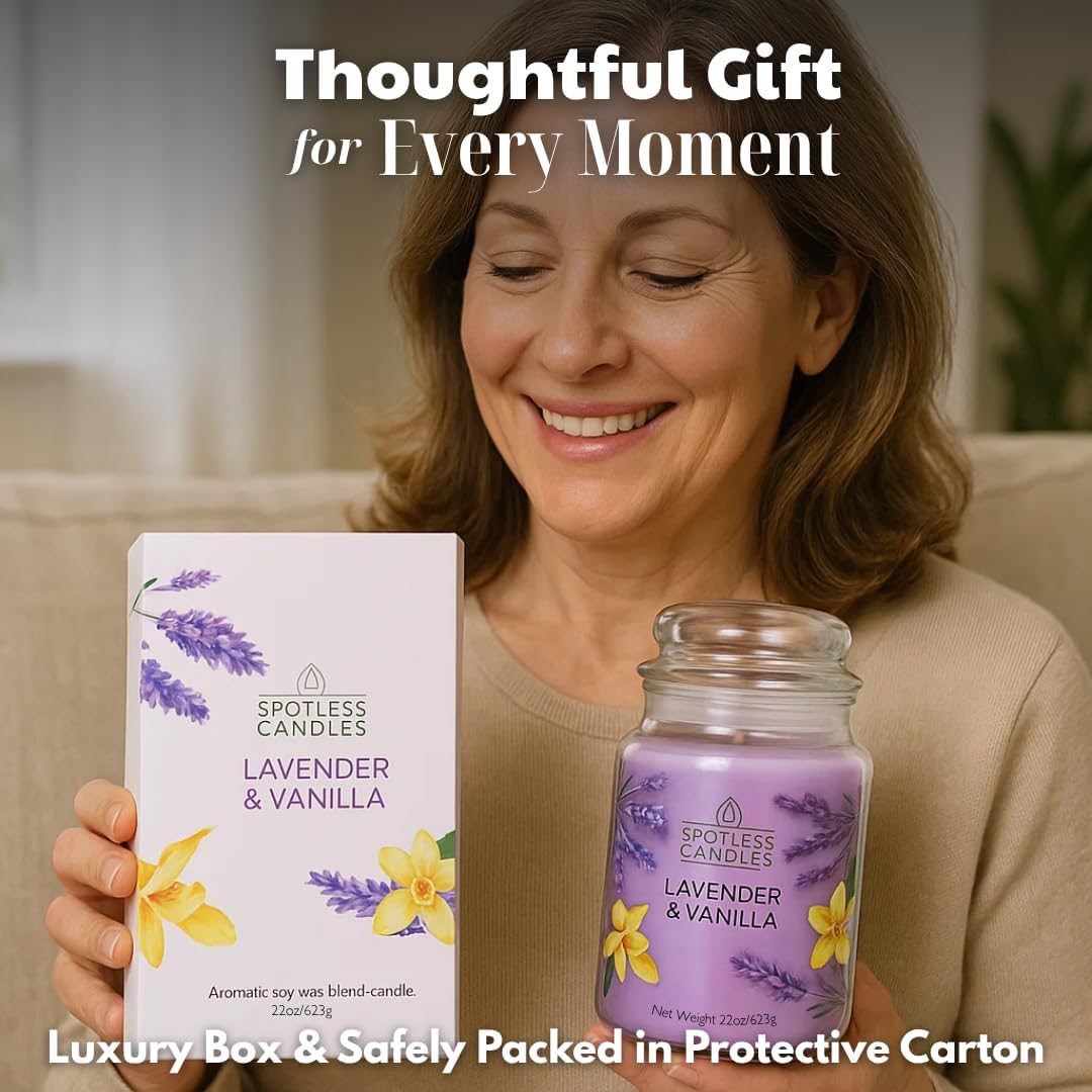 Vanilla & Lavender Candle 22oz Glass Jar with Wooden Wick in a Decorated Jar Within a Presentation Gift Box and Protective Shipping Box