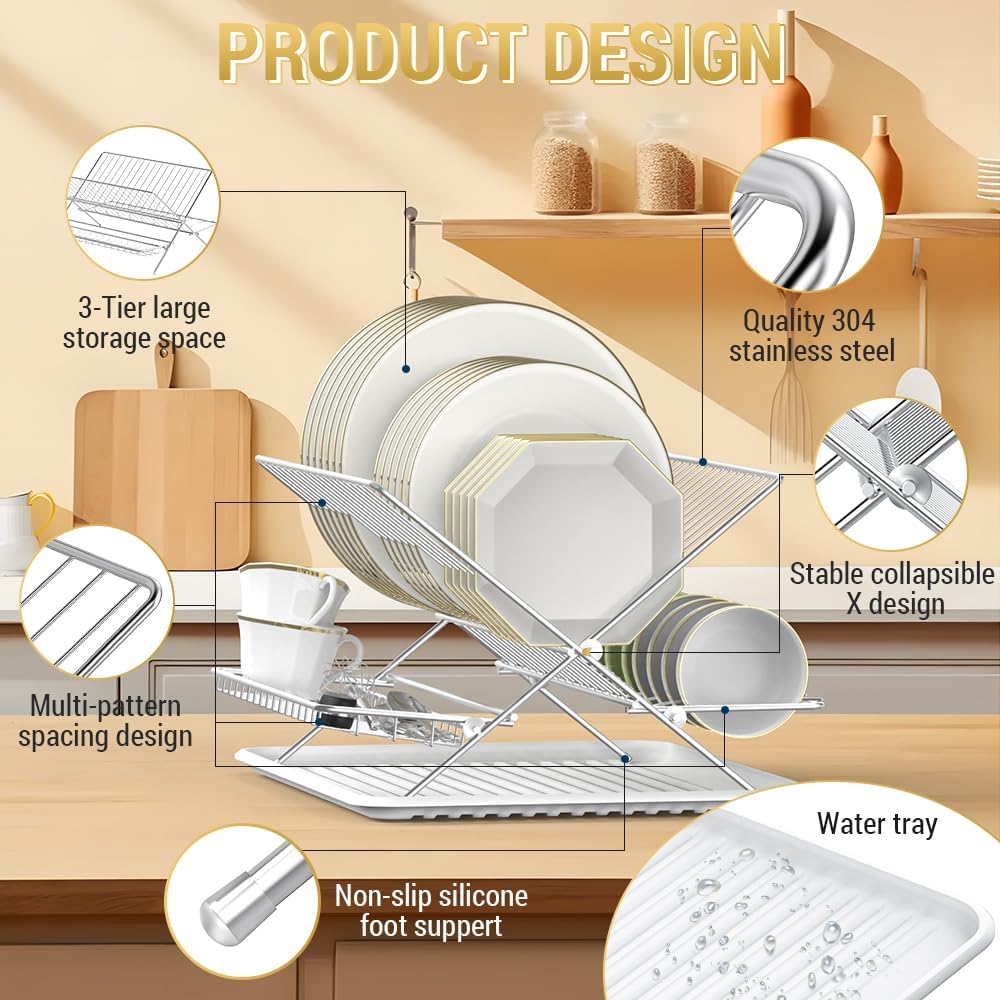 Dish Drying Rack with Drip Tray, 3 Tier Collapsible Stainless Steel Dish Drainer, Plate Rack Holder for Kitchen Counter, Folding Dish Rack for Kitchen Sink, Countertop,Cutlery, Plates, Dishes