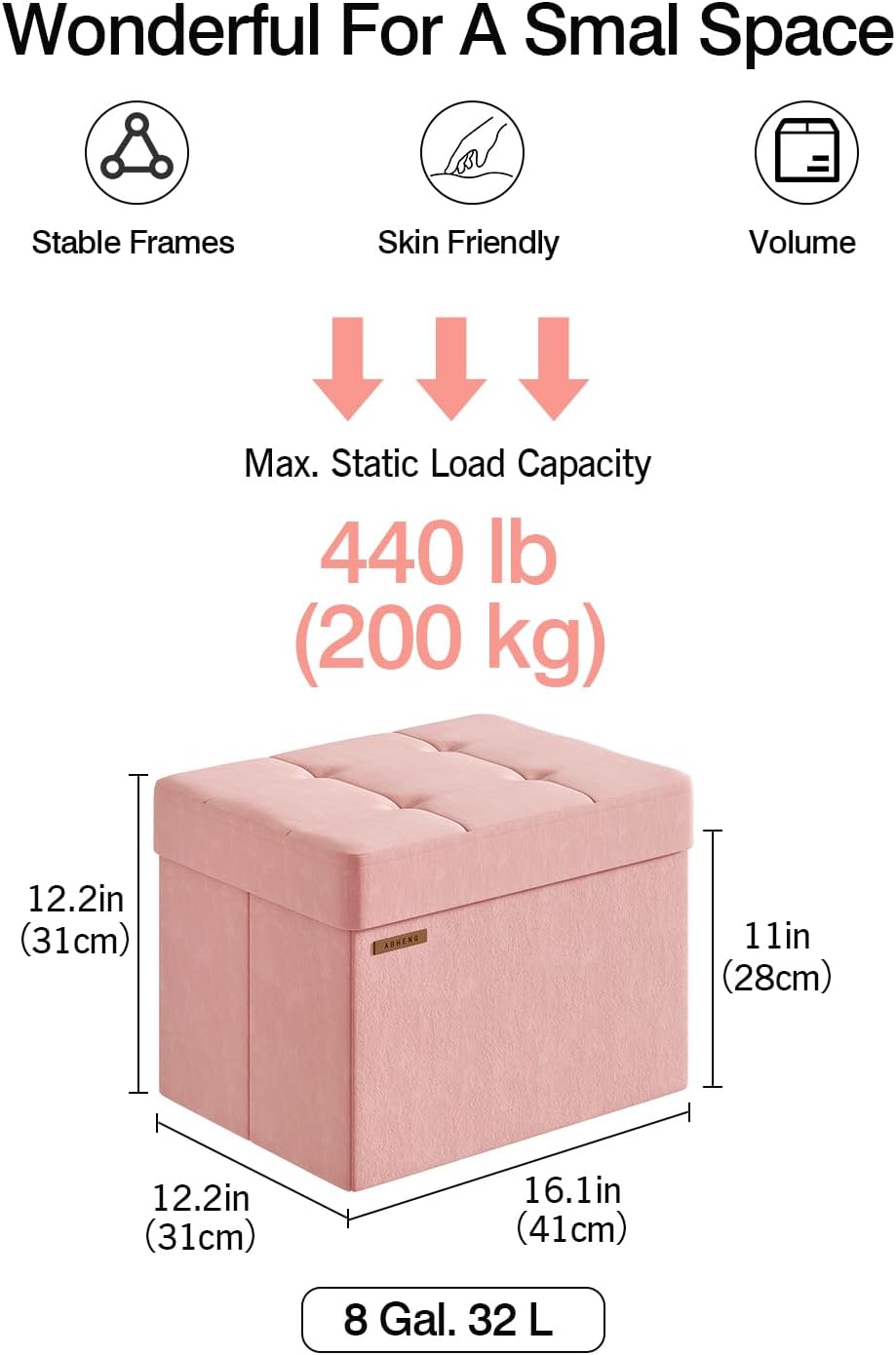 Folding Storage Ottoman, Velvet Storage Bench, Footrest, Foot Stool,for Living Room, Bedroom and Office,12.2 x 16.1 x 12.2 Inches, 200 kg Load Capacity,Jelly Pink,UASND03P