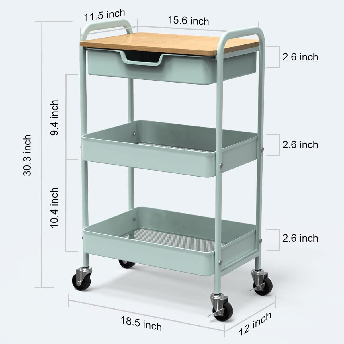 3 Tier Rolling Cart, Utility Cart with Drawer and Table Top, Metal Rolling Kitchen Storage Organizer Cart with Handle and Locking Wheels for Bathroom Office Balcony Living Room