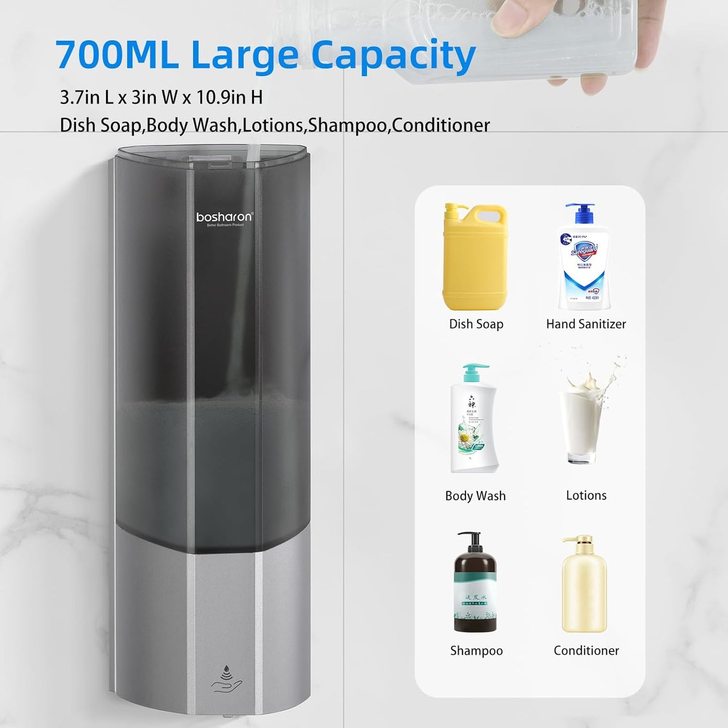 Automatic Soap Dispenser, Wall Mounted Liquid Soap Dispenser 24.6oz/700ml with Infrared Sensor, Touchless Battery Operated Hand Soap Dispenser with 3 Adjustable Soap Levels for Bathroom (Silver)