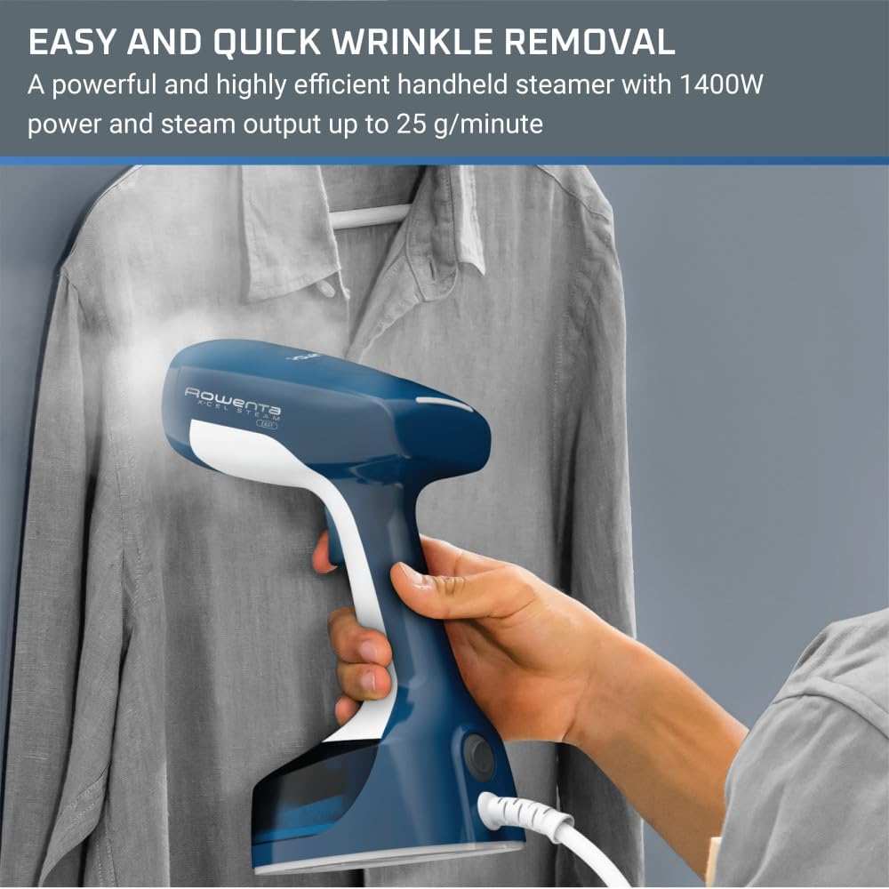 Rowenta, Steamer for Clothes, X-Cel Easy Steam Handheld Steamer, 15 Second Heatup, 5 Ounce Capacity, 1400 Watts, Portable, Ironing, Travel Must Have, Blue Clothes Steamer, DR7130