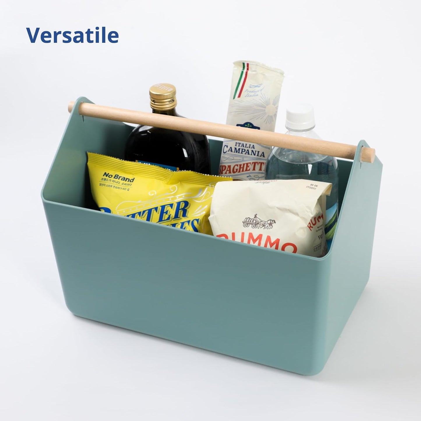 BLUE GINKGO Large Storage Basket – Plastic Caddy with Wooden Handle for Bathroom, Pantry, or Cleaning Supplies (Green)