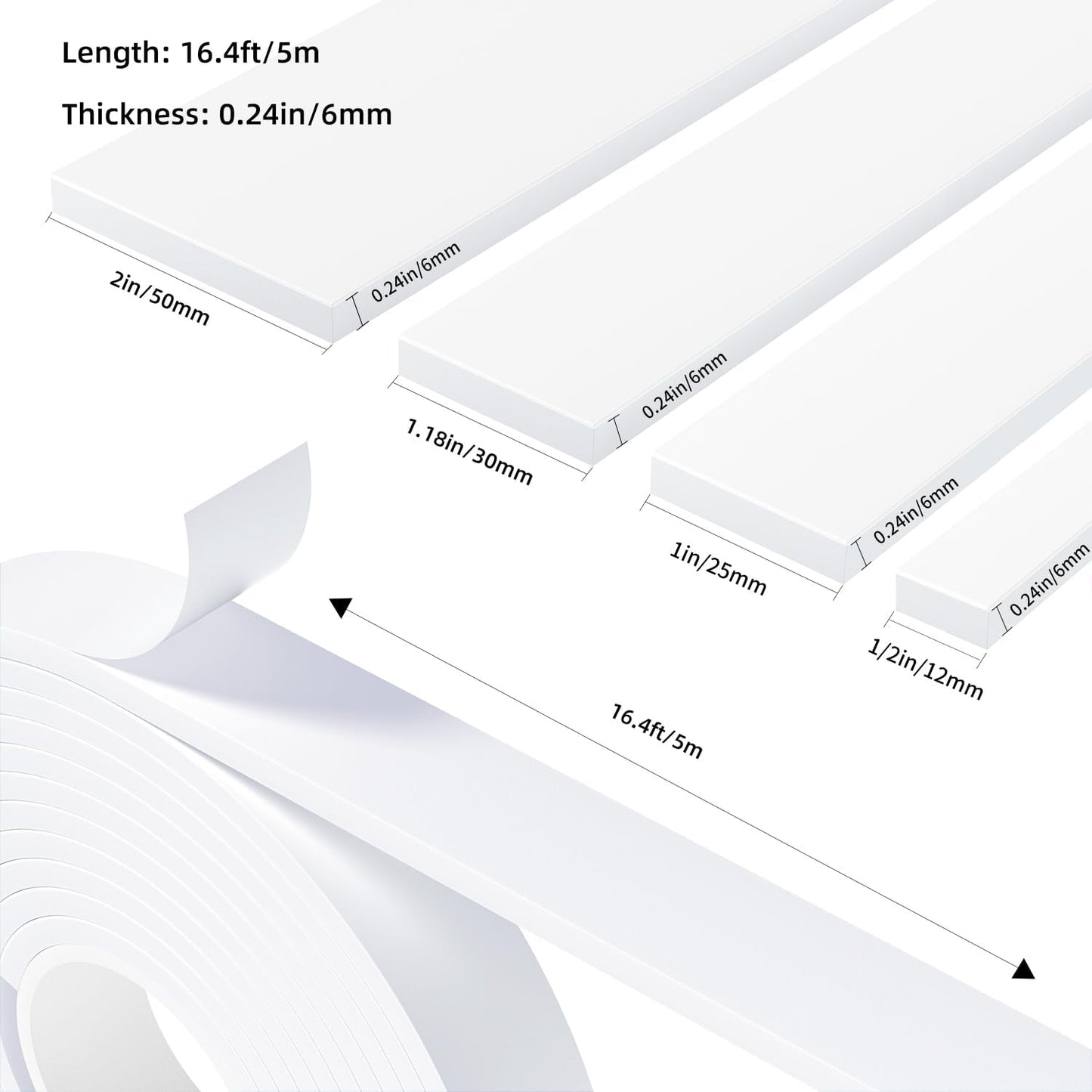 Weather Stripping Door Seal White,1/2Inch Wide X 1/4 Inch Thick,Air Conditioner Window Seal,Self Adhesive Foam Tape High Density Foam Sealing Strip,Soundproof Foam Tape Roll,2 Rolls Total 32.8Ft