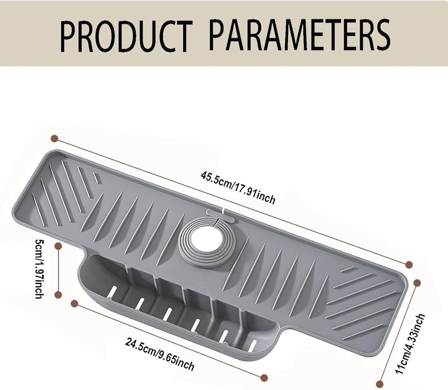 Silicone Faucet Mat with Sponge Holder, Sink Splash Guard, Faucet Draining Mat for Kitchen Bathroom, 5° Slope Split-flow Drainage, Sink Dry and Tidy Organizer, Gray