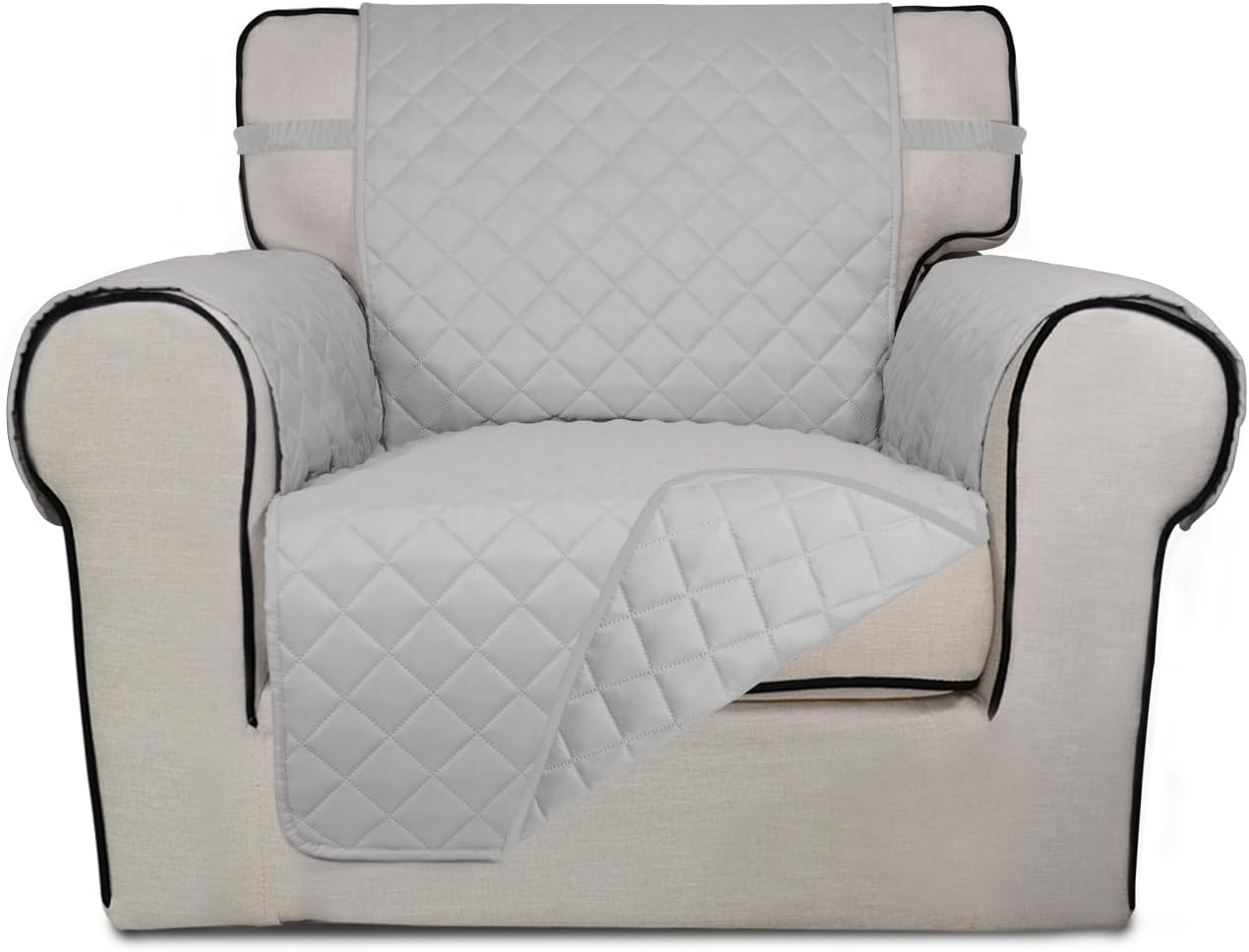 PureFit Reversible Quilted Sofa Cover, Water Resistant Slipcover Furniture Protector, Washable Couch Cover with Non Slip and Elastic Straps for Kids, Dogs, Pets (Chair, Light Gray/Light Gray)