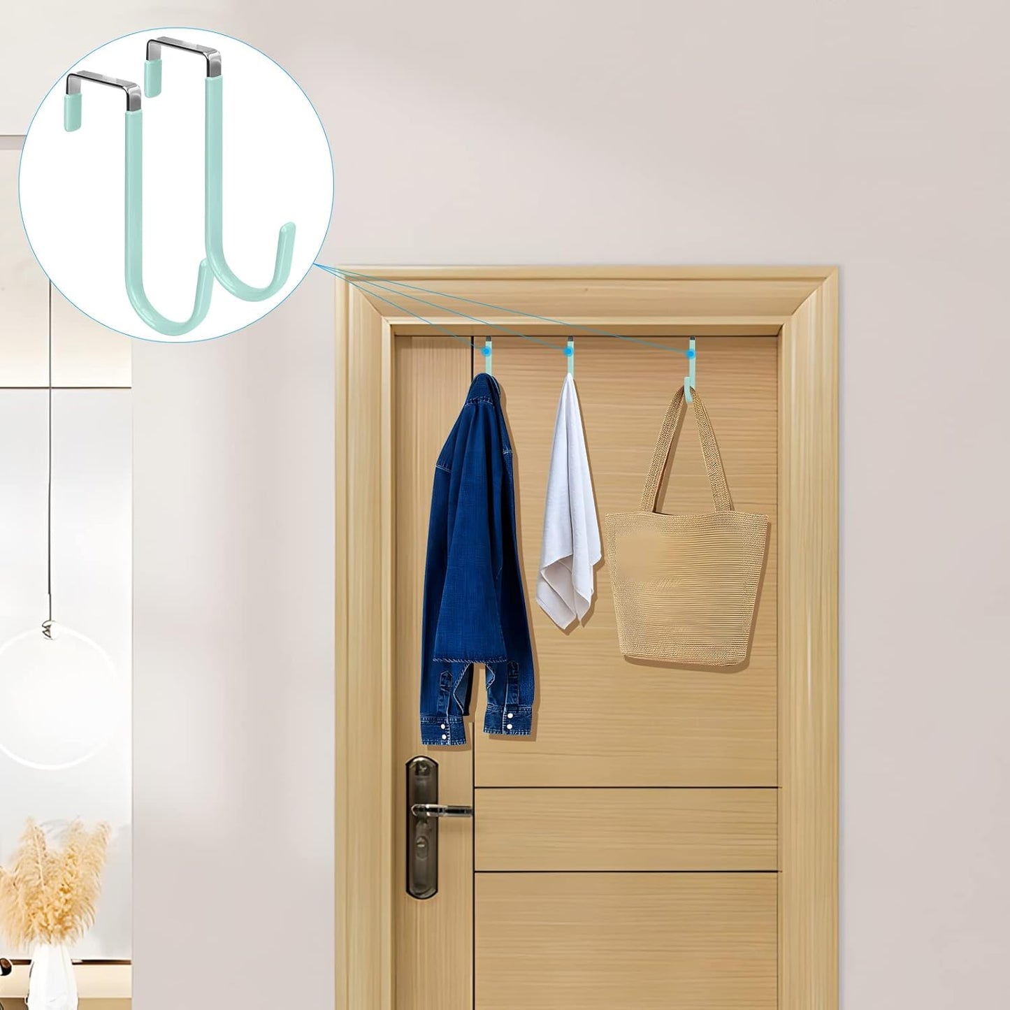 FYY Over The Door Hooks, 4 Pack Door Hangers Hooks with Rubber Prevent Scratches Heavy Duty Organizer Hooks for Living Room, Bathroom, Bedroom Hanging Clothes, Towels, Hats, Coats, Bags Green