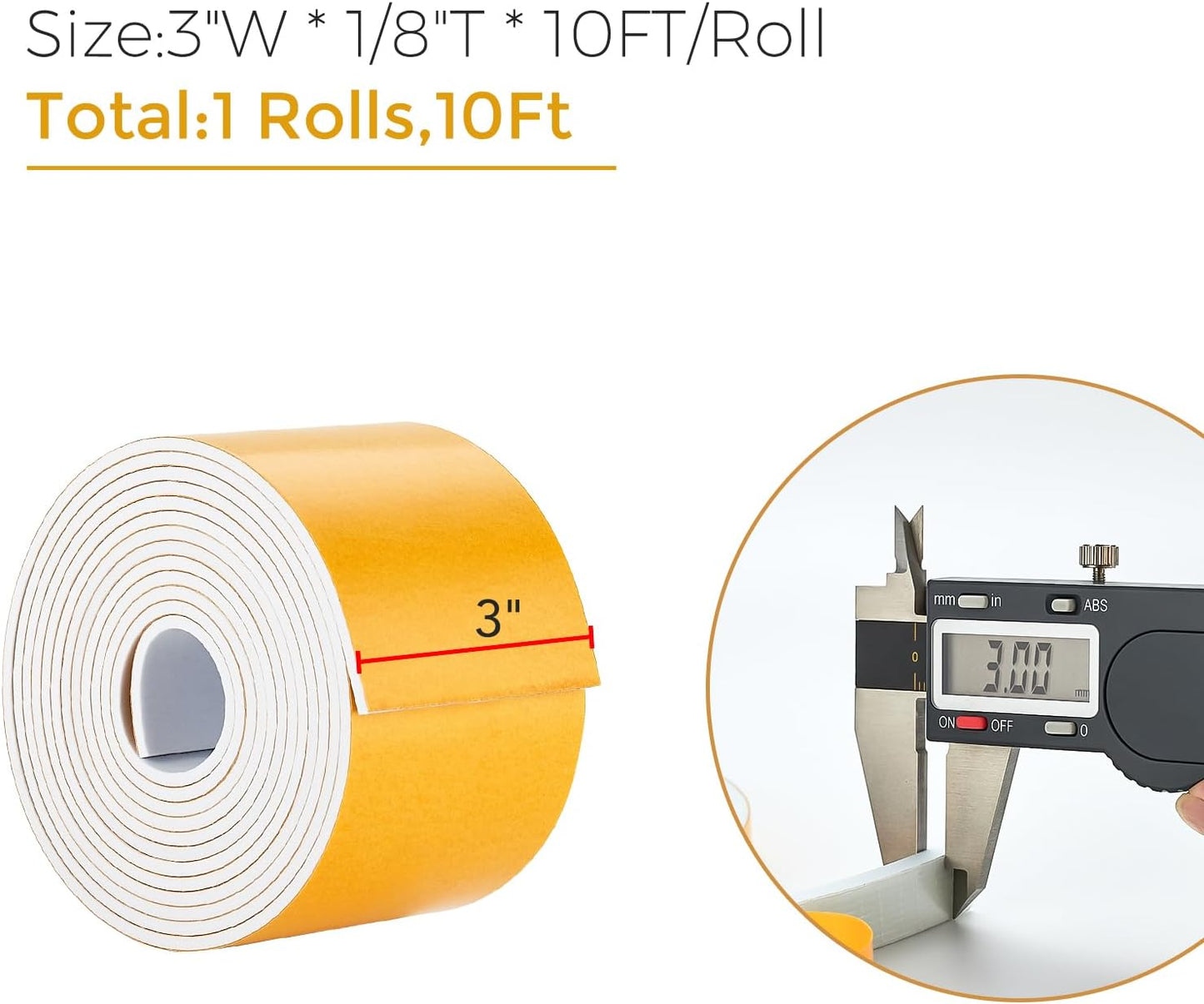 10 Feet Weather Stripping Door Seal, 3" Wide X 1/8" Thick Door Seal Strip High Density Foam Tape Adhesive Strip for Door Soundproofing,Window Insulation (3" x 1/8" x 10FT, White)