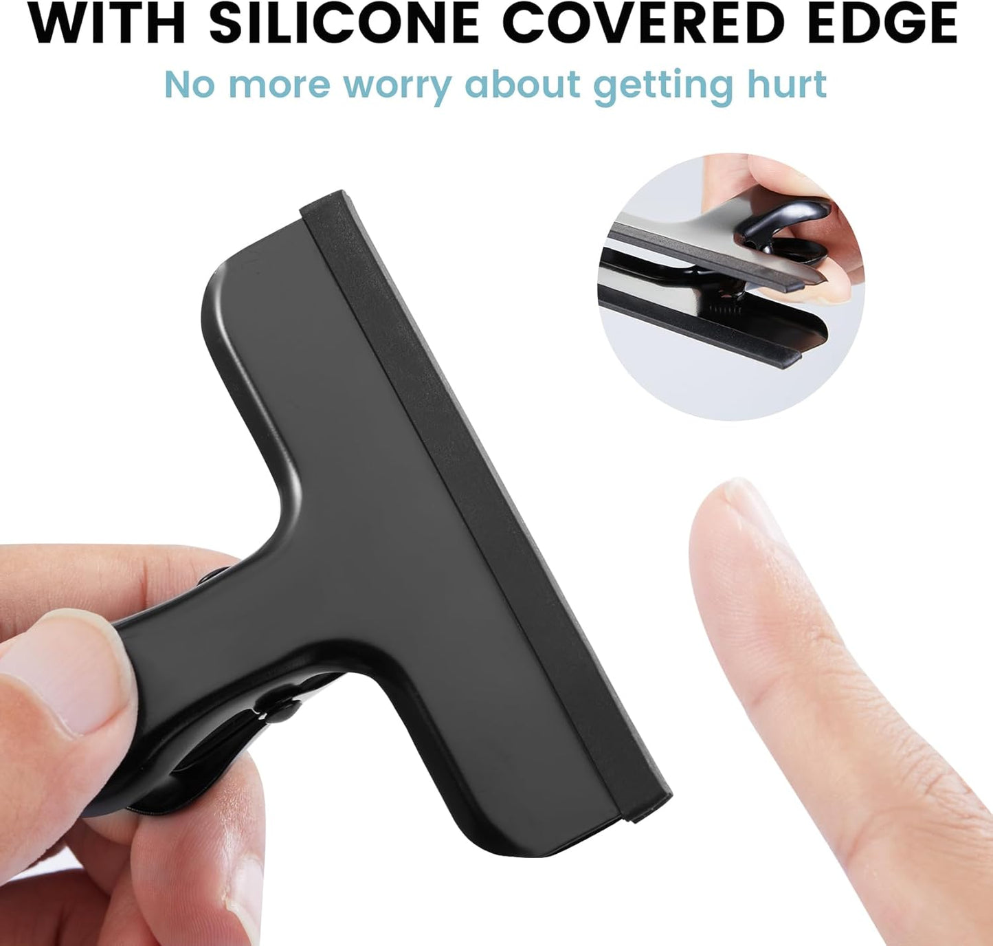 HOUSE AGAIN 12 Pack Stainless Steel Chip Bag Clips Covered with Silicone - NO More Sharp Edges - Color Coded for Food Bags - Air Tight Seal, Heavy Duty for Kitchen and Office, 3 Inches Wide, Black