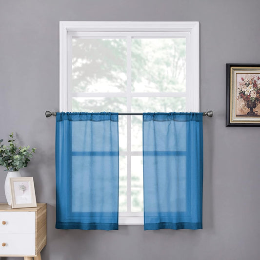 Tollpiz Sheer Tier Curtains Kitchen Linen Textured Half Curtain Sheers Light Filtering Rod Pocket Voile Bathroom Short Curtains for Farmhouse, 25 x 30 inches Long, Classic Blue, Set of 2 Panels