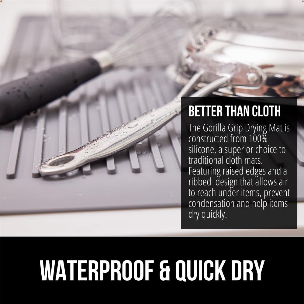 GORILLA GRIP 100% BPA-Free Patented Silicone Dish Drying Mat for Kitchen Counter, Water Catching Ribbed Design, Easy Clean Waterproof Sink Liner, Heat Resistant, Fits Under Rack, 16x12 Inch, Gray