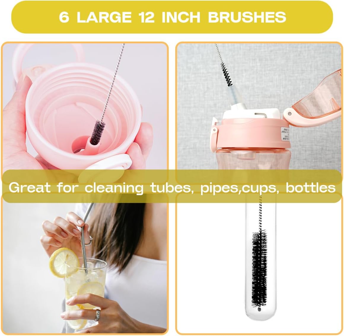 Straw Cleaner Brush Set,6 Piece Long Drinking Straws Cleaning Brush Pipe Tube Tiny Brushes 10-inch,Black