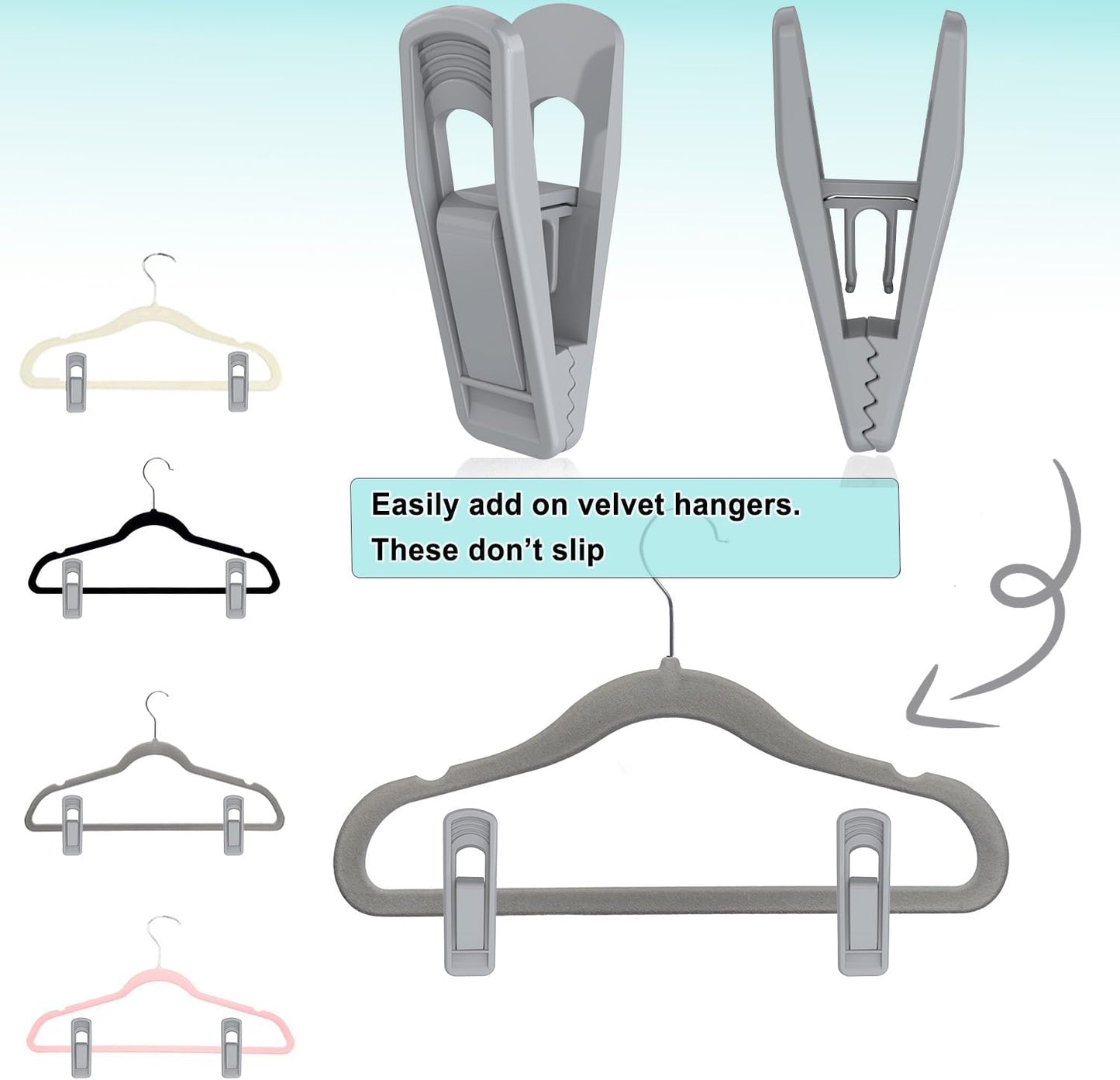 Hanger Clips for Velvet Hangers (Grey, 40 PCS), Non-Slip Plastic Clips Skirt Hanger Clips for Gray Flocking Hangers